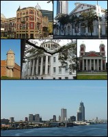 From top: Pincus Building, Old City Hall and Southern Market, Fort Condé, Barton Academy, Cathedral Basilica of the Immaculate Conception, and the skyline of downtown Mobile from the Mobile River.