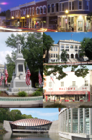Clockwise, from top: Downtown Bentonville, Benton County Courthouse, Sam Walton's original Walton's Five and Dime store, Crystal Bridges Museum of American Art, and the Confederate Soldier Monument
