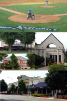 Clockwise from top: The Northwest Arkansas Naturals playing in Arvest Ballpark, the Shiloh Museum of Ozark History, Emma Avenue, Old Springdale High School, Tyson Foods World Headquarters
