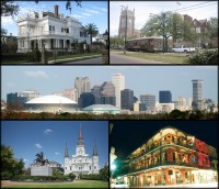 From top left: A typical New Orleans mansion off St. Charles Avenue, a streetcar passing by Loyola University and Tulane University, the skyline of the Central Business District, Jackson Square, and a view of Royal Street in the French Quarter