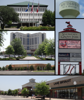 From top to bottom and left to right: Southaven city hall, Southaven water tower, Baptist Memorial Hospital-DeSoto, Snowden Grove Park, Lander's Center, and Southaven Towne Center