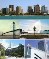 Images from top to bottom, left to right: Downtown Windsor skyline, Ambassador Bridge, Charlie Brooks Memorial Peace Fountain, Dillon Hall at University of Windsor, and Caesars Windsor.