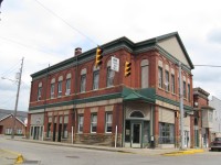 Building at the intersection of Broad Street  and Wood Street  looking east in downtown New Bethlehem